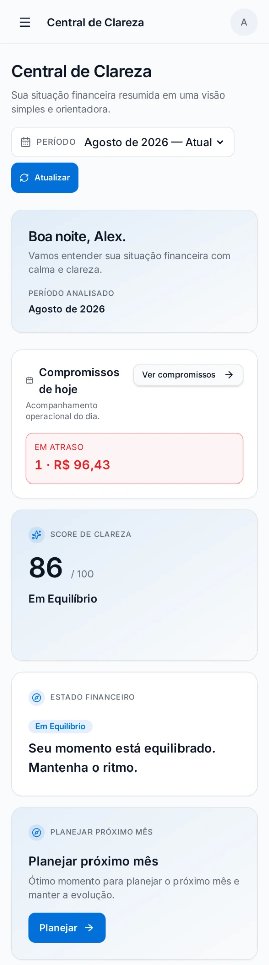 Central de Clareza da AVERA no celular: Score de Clareza, compromissos de hoje e próximo passo.